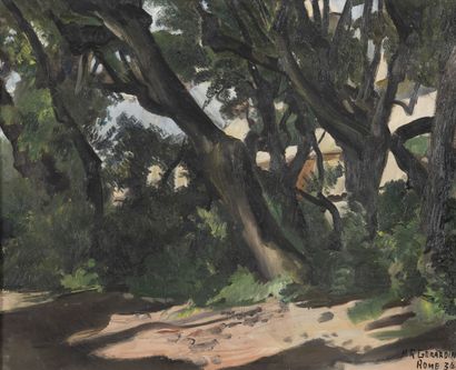 Roland Marie GERARDIN (1907-1935) Sous-bois, Rome, 1934.
Huile sur toile.
Signée,...