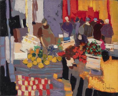 Claude FAUCHERE (1936) At the market.
Oil on canvas.
Signed lower right. 
22 x 27...
