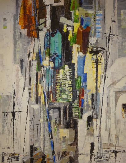 Gabriel LOIRE (1904-1996) The Clothes Merchant in Mikonos, 1970. 
Oil on canvas....
