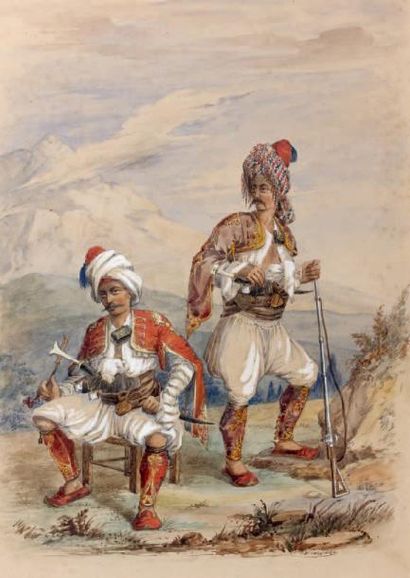 Giovanni BRINDESI (1826-1888) Deux bachibouzouks armés et enturbannés dans un paysage,...