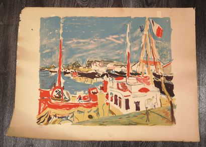 SABOURAUD Boat at the quay.
Lithograph in colors.
Signed lower right and justified...