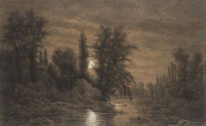 L.GIRAND Landscape in the moonlight.
Charcoal enhanced with white chalk on paper.
Signed...