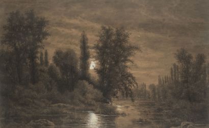 L.GIRAND Paysage au clair de lune.
Fusain rehaussé de craie blanche sur papier.
Signé...