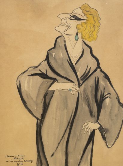 BIB (1888-1966) Femme élégante.
Deux aquarelles sur papier. 
Signées et envois en...