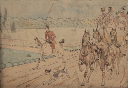 CHARLET Albert (XIX - XX siècles) Suiveurs de chasse à courre au parc
Encre et aquarelle.
Signée...