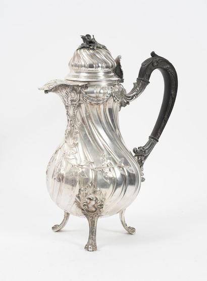 CARDEILHAC, Paris - Large silver (950) tripod coffee pot of baluster form with twisted...