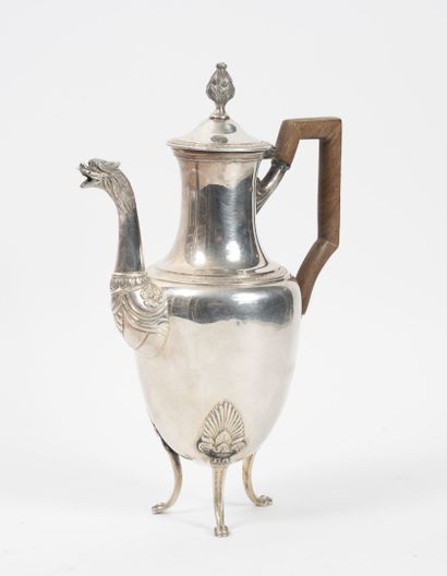 Henri SOUFFLOT Silver (950) head to head jug of baluster form with water leaf frieze,...