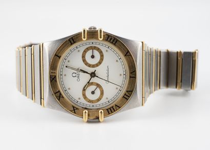 OMEGA, "Constellation". Montre bracelet d'homme en acier brossé et or jaune (750).
Cadran...