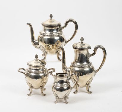 P. QUEILLE Silver tea and coffee set (950) quadripod with leafy attachments and laurel...