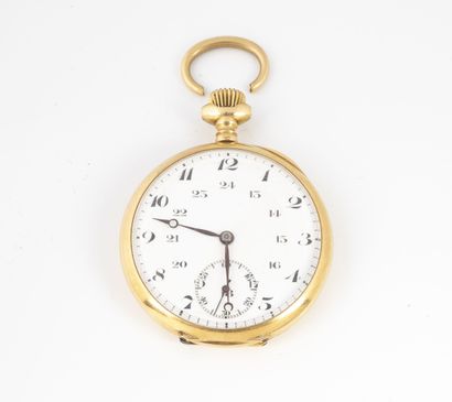 null Pocket watch in yellow gold (750).
Plain back cover. 
White enamel dial, Arabic...