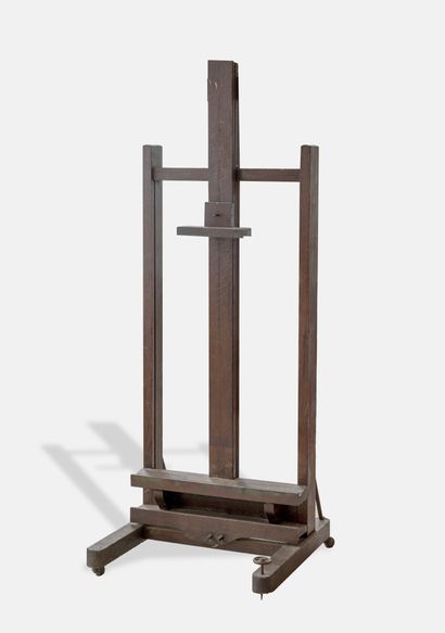 null Important oak workshop easel with mechanical elevation.
Late 19th or early 20th...