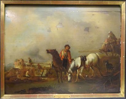 École flamande, suiveur de Philip Wouvermans (1619-1668) La halte des chevaux, charrettes...