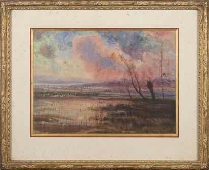 François Auguste RAVIER (1814-1895) Lake landscape at dusk, animated by tadpoles.
Watercolor...