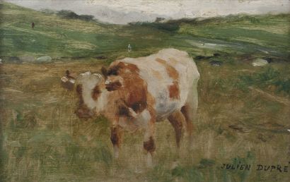 Julien DUPRÉ (1851-1910) Vache au pré
Huile sur panneau.
Portant une signature possiblement...