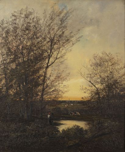 Ecole française de la fin du XIXème siècle Two landscapes of edge of river. 
Oil...