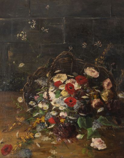Marcel J. Gingembre D'AUBEPINE (1843-1893) Panier de fleurs des champs, roses, lilas...
