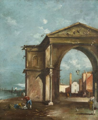 D'après Francesco Guardi (1712-1793) Caprice with triumphal arch and animated landscape...