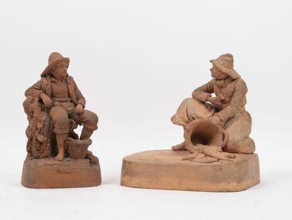 Eugène BLOT (1830-1899) Pécheurs. 
Deux sculptures en terre cuite.
Signées sur la...