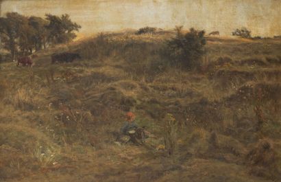 Henri BONNEFOY (1839 -1917) Jeune vachère et son chien se reposant dans un paysage.
Huile...