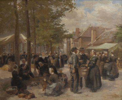 Paul GREGOIRE (XIX-XXème siècle) Marché en Bretagne. 
Huile sur toile. 
Signée en...