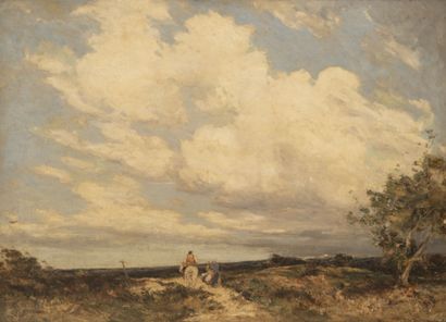 Francis TATTEGRAIN (1852-1915) Cavalier et femmes dans un paysage. 
Huile sur toile.
Signée...