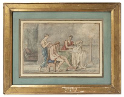 Ecole néoclassique du XIXème siècle La sortie du bain.
Plume, encre et aquarelle...