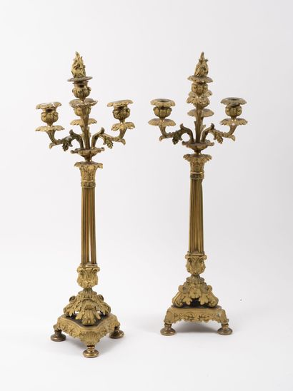 FRANCE, milieu du XIXème siècle Paire de candélabres en bronze doré formés d'un bouquet...
