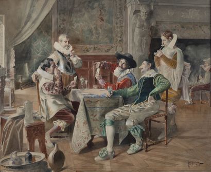 Bernard Louis BORIONE (1865-?) Gentlemen playing cards, smoking or drinking in an...