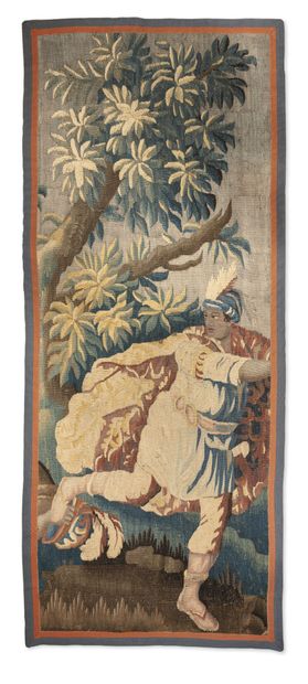 AUBUSSON, début du XVIIIème siècle Fragment de tapisserie en laine polychrome à sujet...