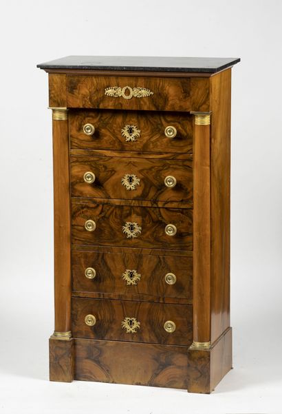 null Chiffonnier of support on plinth in walnut veneer or plain, opening by six drawers,...