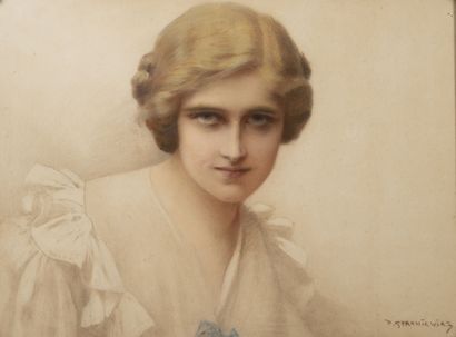 Piotr STACHIEWICZ (1858-1938) Portrait de jeune femme blonde.
Pastel. 
Signé en bas...