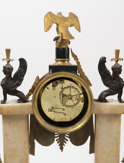 null Portico clock in white and black marble and decorated with gilded bronzes or...