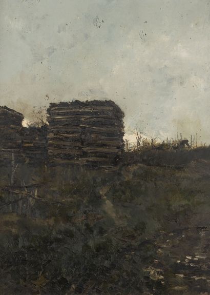 René Pierre PRINCETEAU (1843/44-1914) Paysage de campagne au stère de bois. 
Huile...