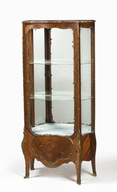 Curved display case in rosewood veneer, glazed...