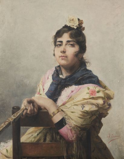 José GARCIA RAMOS (1852-1912) Portrait of a young Spanish woman with a fan. 
Oil...
