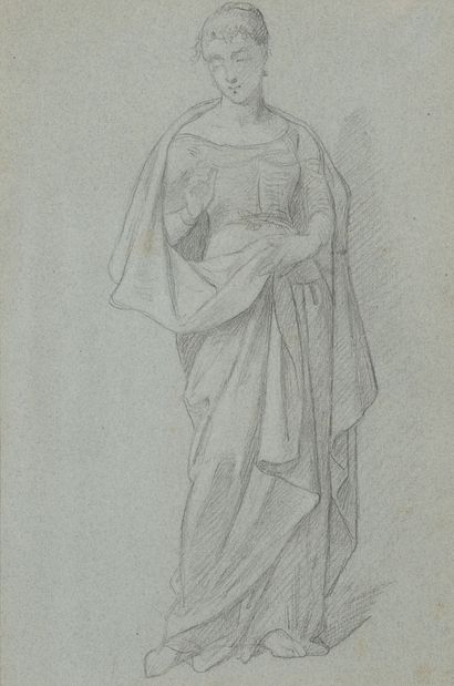 Ecole du XIXème siècle Woman holding her coat or cape.
Pencil on blue-gray paper....