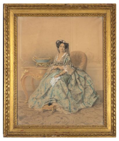 Auguste LEGRAND (XIXème siècle) Portrait of a woman sitting in a living room.
Watercolor,...