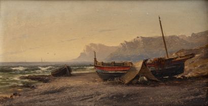 Ecole de la fin du XIXème siècle. Sailor in his tent near a boat on the shore.
Oil...