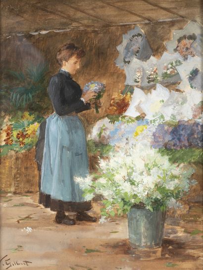 Victor GILBERT (1847-1935) La marchande de fleurs. 
Aquarelle sur papier marouflé...