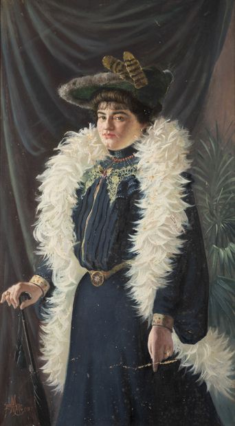 Pierre MARC (XIXème-XXème) Portrait of a woman with a hat and a white feather boa....