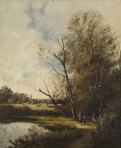 Ecole française de la fin du XIXème siècle Two landscapes of edge of river. 
Oil...