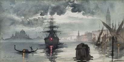 École française du XIXème siècle Venise au crépuscule.
Aquarelle.
Signée J. JOLIVET...