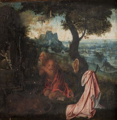 Ecole du nord du XVIIème siècle Jerome in prayer before a crucifix, in a landscape...