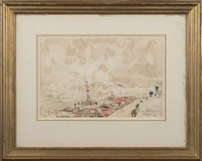 Albert Marie LEBOURG (1849-1928) "Steamboat in the Port of Rouen".
Watercolor on...