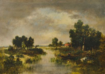 Paul VERNON (1796-1875) Pêcheur sur un étang. 
Huile sur panneau. 
Signée en bas...