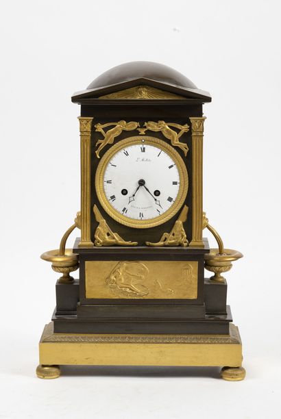 Brass and bronze clock with double brown...
