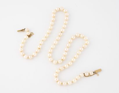 null Necklace of white cultured pearls.
Ratchet clasp with safety chain in yellow...