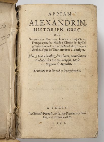 APPIAN (Alexandrin) Historien grec. Des guerres des romains. Livres XI. Traduicts...