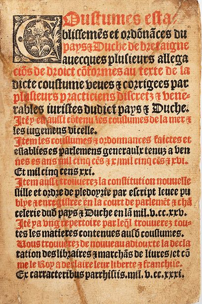 null COUSTUMES, establishments and ordinances of the country and duchy of Bretaigne.
S.L....