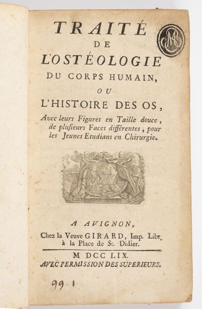 BONHOMME (J.J.) Traité de l'ostéologie du corps humain ou l'histoire des os.
Avignon,...